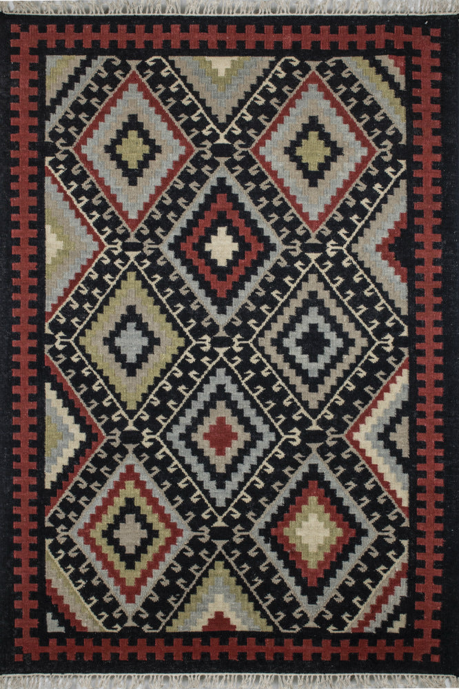 BLACK MULTICOLOR AZTEC HAND WOVEN KILIM DHURRIE