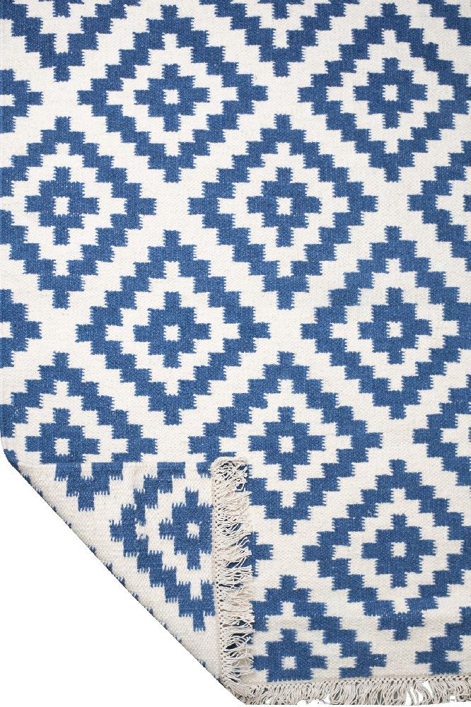 NAVY BLUE IVORY PIXEL KILIM HAND WOVEN DHURRIE