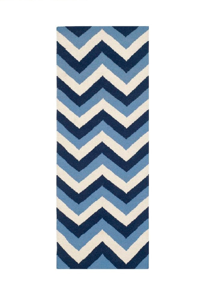 BLUE AND IVORY CHEVRON HAND WOVEN DHURRIE