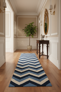 Blue and ivory chevron hand woven dhurrie runner wool hand-woven rug for