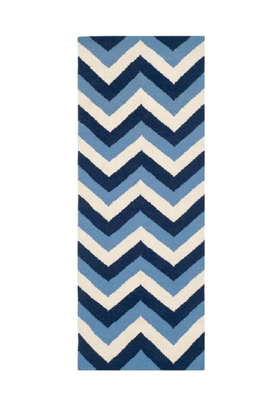 BLUE AND IVORY CHEVRON HAND WOVEN DHURRIE