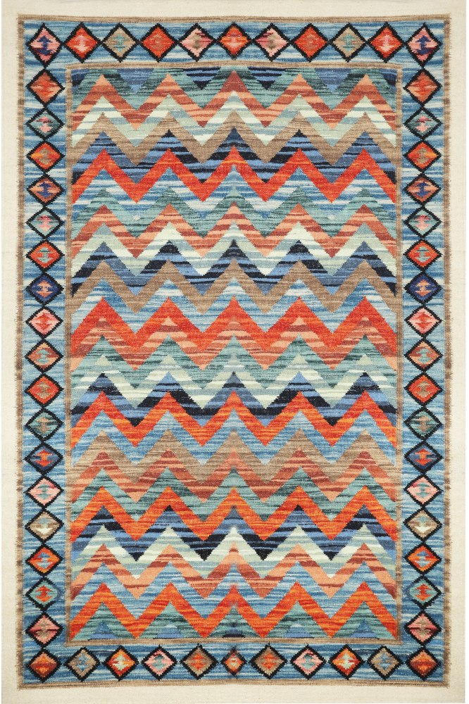 BLUE MULTICOLOR CHEVRON HAND WOVEN KILIM DHURRIE