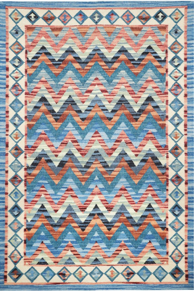 BLUE MULTICOLOR CHEVRON HAND WOVEN KILIM DHURRIE