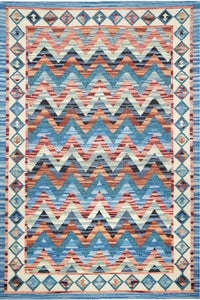 BLUE MULTICOLOR CHEVRON HAND WOVEN KILIM DHURRIE by Imperial Knots - Image 1