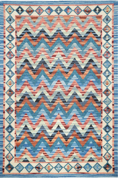 BLUE MULTICOLOR CHEVRON HAND WOVEN KILIM DHURRIE