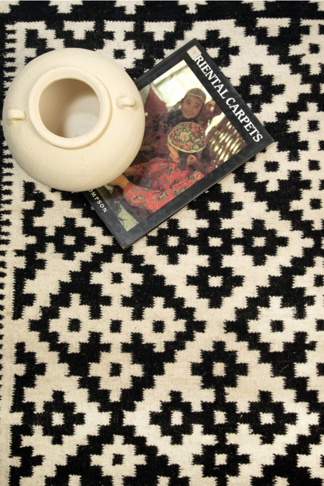 BLACK AND WHITE PIXEL HAND WOVEN KILIM DHURRIE CLOSEUP by Imperial Knots