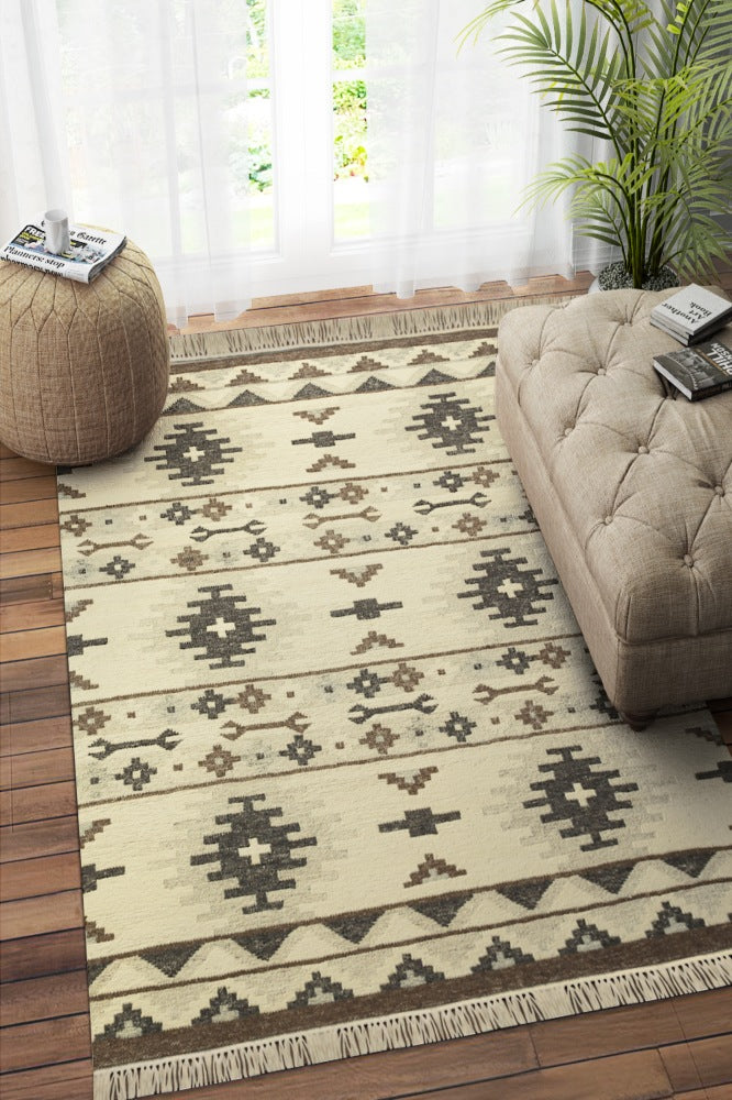 GREY IVORY HAND WOVEN KILIM DHURRIE