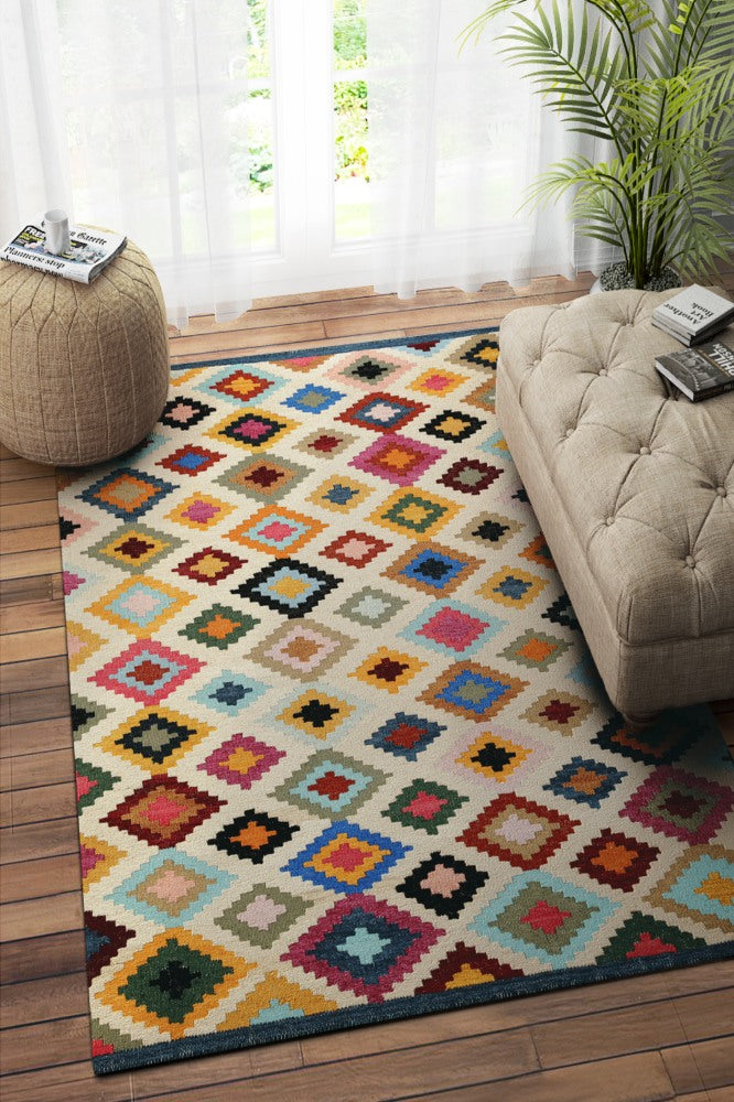 IVORY MULTICOLOR PIXEL KILIM HAND WOVEN DHURRIE