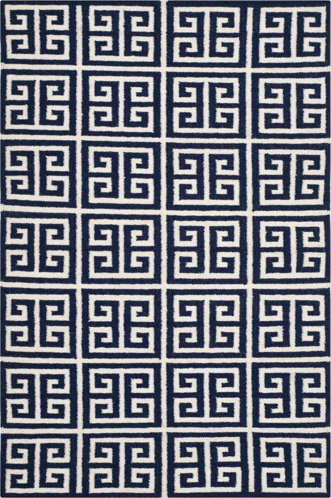 NAVY BLUE AND WHITE GEOMETRIC HAND WOVEN DHURRIE