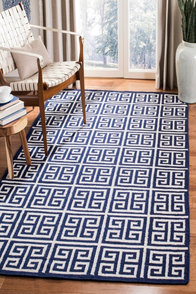 NAVY BLUE AND WHITE GEOMETRIC HAND WOVEN DHURRIE by Imperial Knots - Image 2