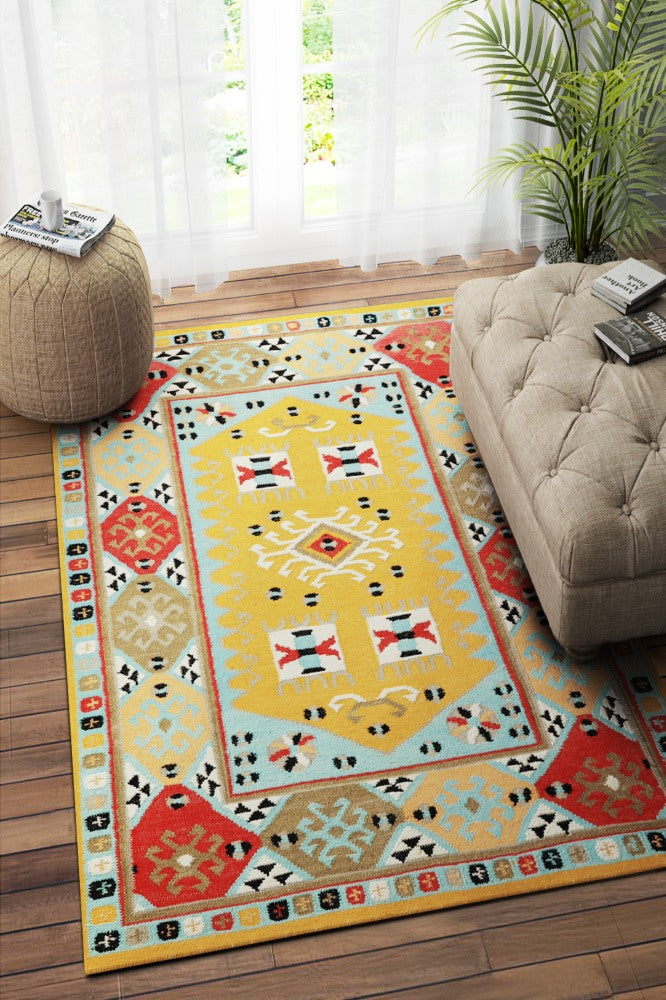 YELLOW MULTICOLOR KILIM HAND WOVEN DHURRIE
