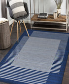 BLUE AND IVORY STRIPES HAND WOVEN DHURRIE by Imperial Knots - Image 2