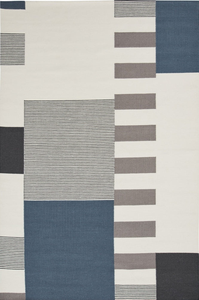 IVORY BLUE GEOMETRIC HAND WOVEN DHURRIE