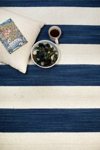 IVORY BLUE STRIPES HAND WOVEN DHURRIE CLOSEUP by Imperial Knots