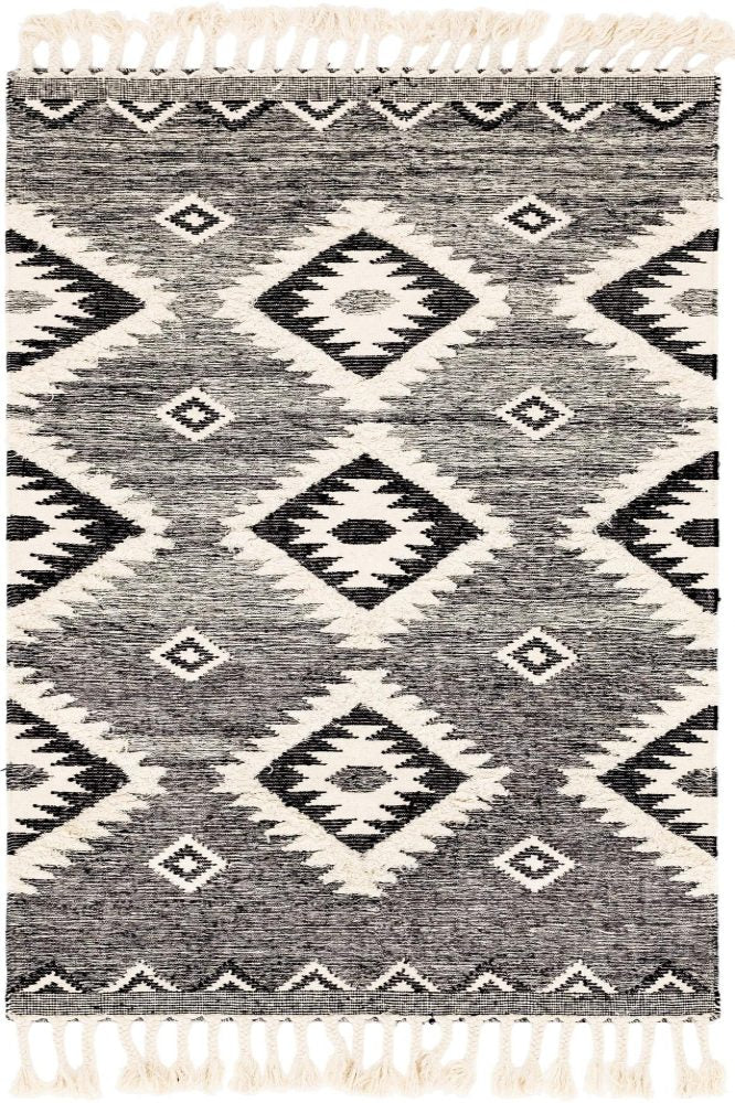 IVORY AND BLACK KILIM HAND WOVEN DHURRIE