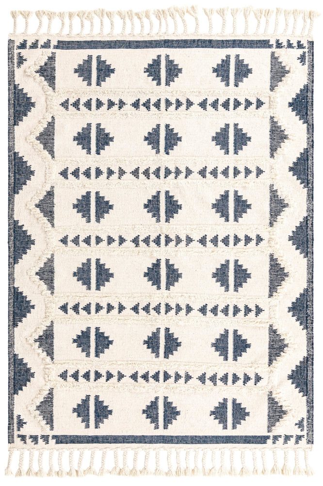 IVORY AND BLUE KILIM HAND WOVEN DHURRIE