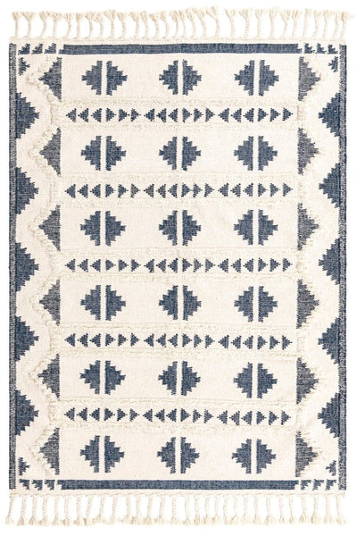 IVORY AND BLUE KILIM HAND WOVEN DHURRIE