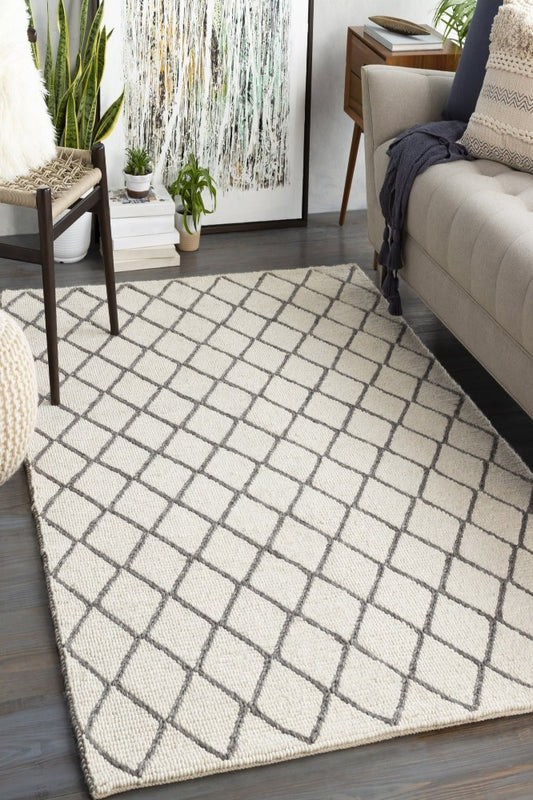 IVORY GREY GEOMETRIC HAND KNOTTED CARPET