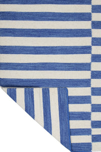 BLUE AND IVORY STRIPES HAND WOVEN DHURRIE by Imperial Knots - Image 4