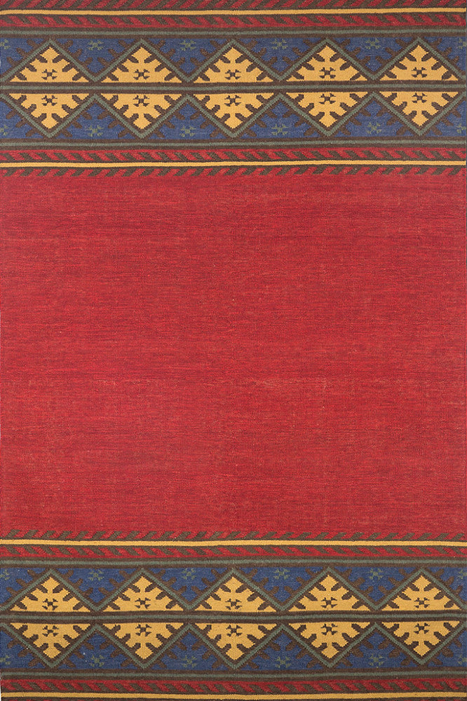 RED AND BLUE AZTEC HAND WOVEN KILIM DHURRIE