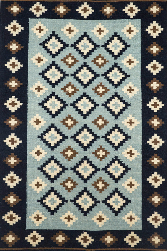 MULTICOLOR BLUE AZTEC HAND WOVEN KILIM DHURRIE