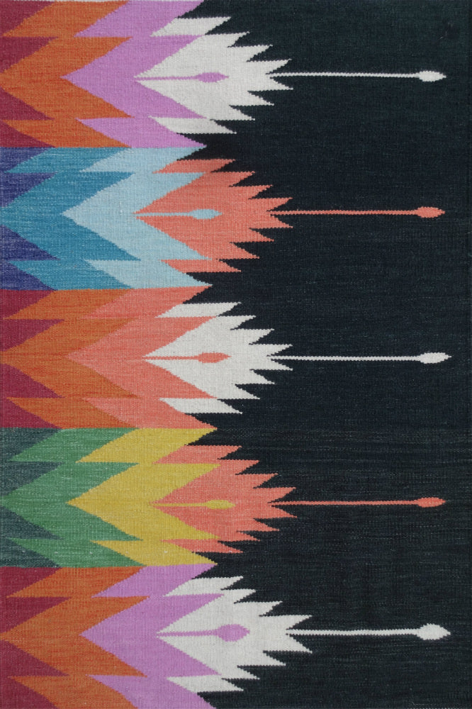 MULTICOLOR BLACK AZTEC HAND WOVEN KILIM DHURRIE