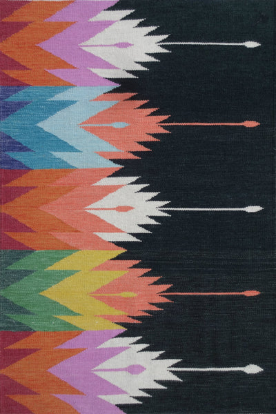 MULTICOLOR BLACK AZTEC HAND WOVEN KILIM DHURRIE