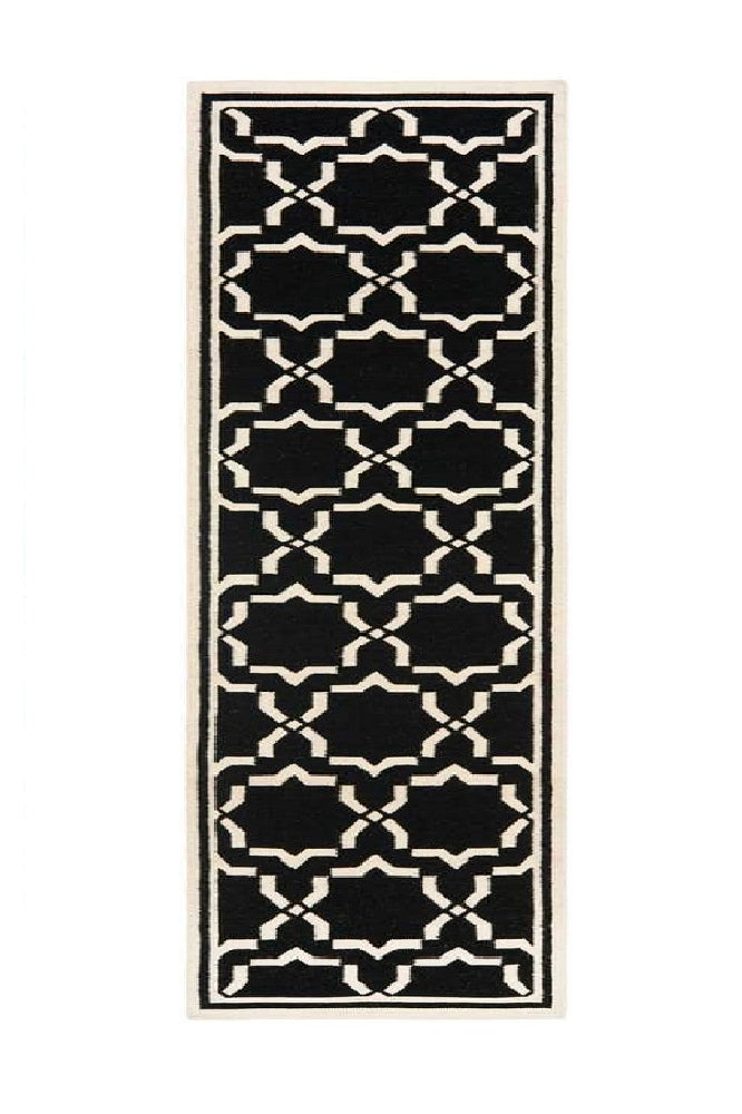 BLACK AND IVORY GEOMETRIC HAND WOVEN DHURRIE RUNNER
