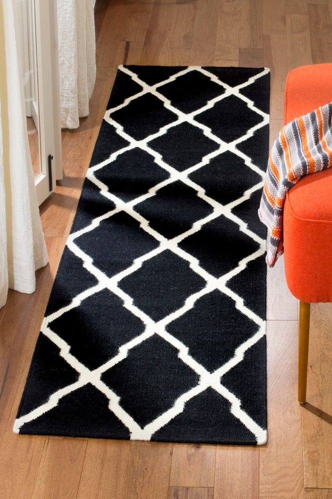 BLACK AND WHITE TRELLIS HAND WOVEN DHURRIE RUNNER