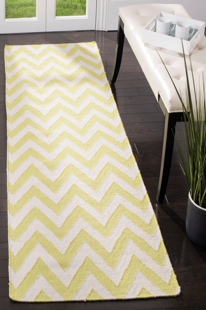 GREEN AND IVORY CHEVRON HAND WOVEN DHURRIE RUNNER