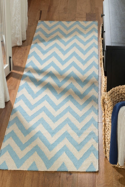 BLUE AND IVORY CHEVRON HAND WOVEN DHURRIE RUNNER