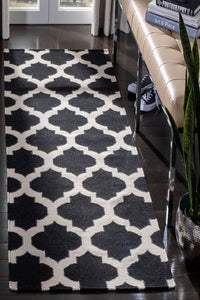 Black and white moroccan hand woven dhurrie runner wool hand-woven rug for