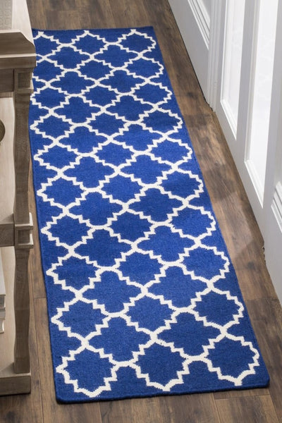 BLUE AND WHITE MOROCCAN HAND WOVEN DHURRIE RUNNER