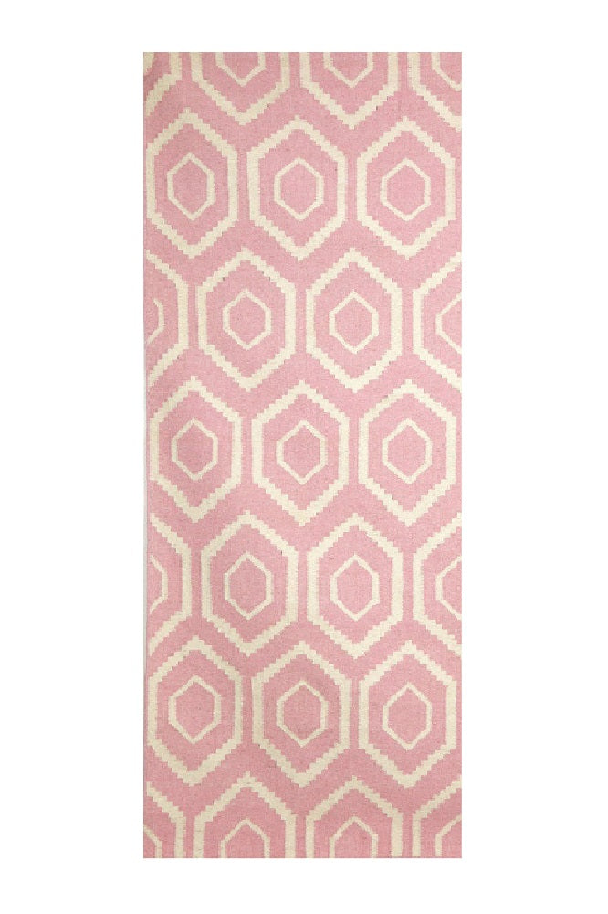 PINK AND IVORY DIAMOND HAND WOVEN DHURRIE