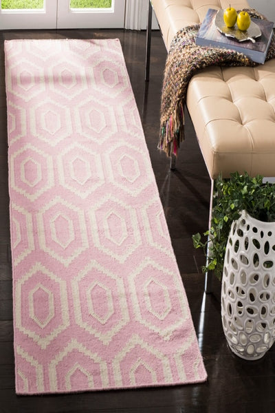 PINK AND IVORY DIAMOND HAND WOVEN DHURRIE RUNNER