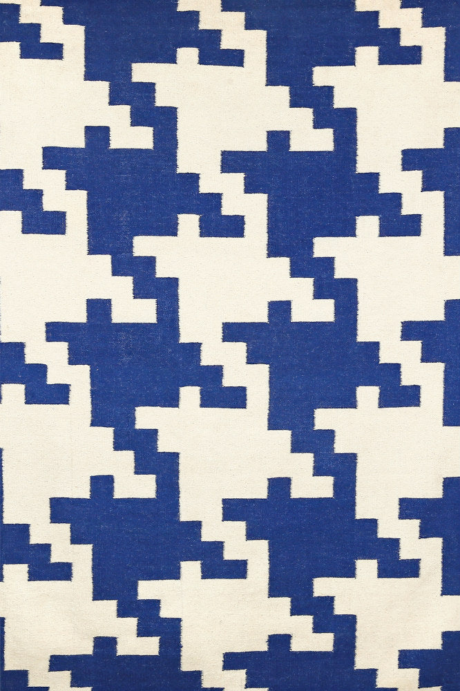 BLUE HOUNDSTOOTH HAND WOVEN DHURRIE
