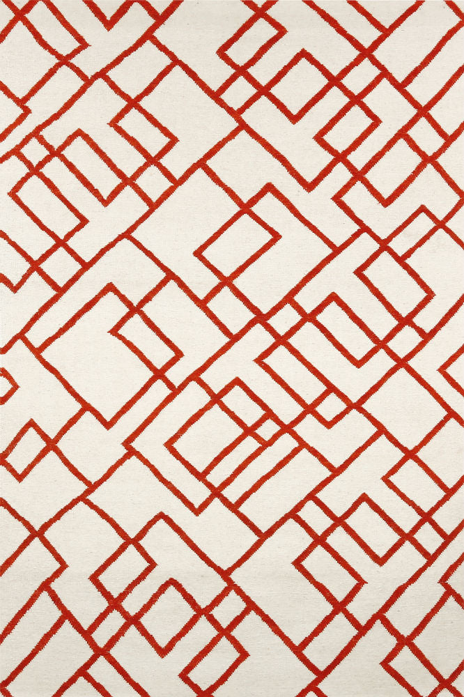 IVORY RED GEOMETRIC HAND WOVEN DHURRIE