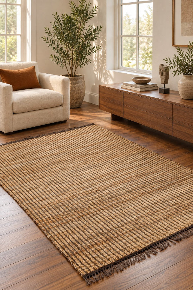 BROWN AND BEIGE STRIPE JUTE RUG