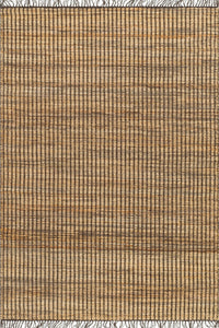 A rectangular woven area rug with a natural jute or straw texture in beige and brown tones, featuring a subtle grid pattern and fringed edges on all sides.