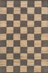 A square woven rug with a checkerboard pattern in alternating dark brown and natural beige squares, filling the entire frame.
