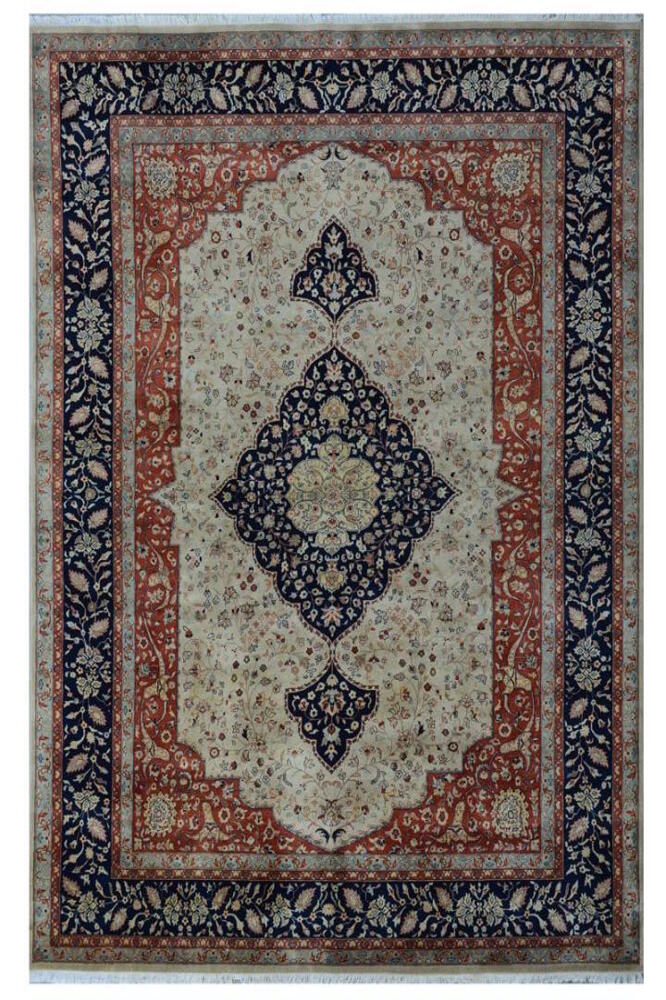 BEIGE MEDALLION HAND KNOTTED CARPET
