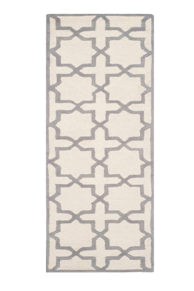 GREY AND IVORY GEOMETRIC HAND TUFTED RUNNER CARPET