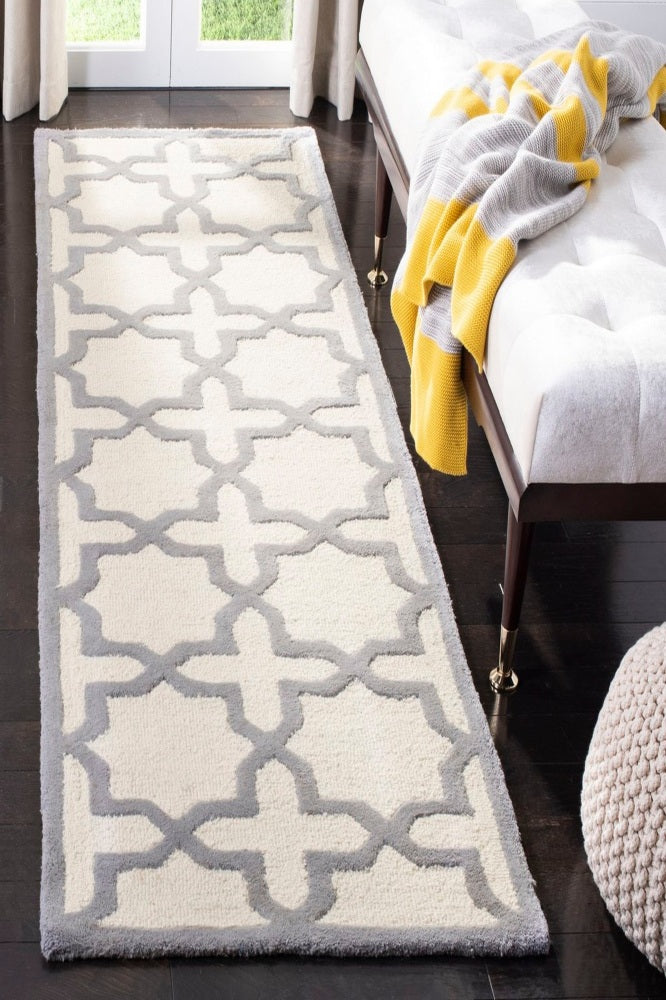 GREY AND IVORY GEOMETRIC HAND TUFTED RUNNER