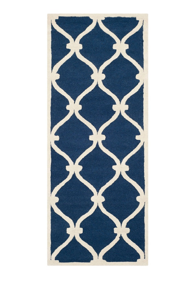 BLUE AND WHITE GEOMETRIC HAND TUFTED RUNNER CARPET