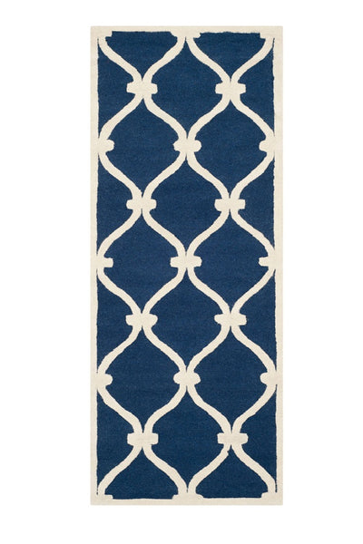 BLUE AND WHITE GEOMETRIC HAND TUFTED RUNNER CARPET