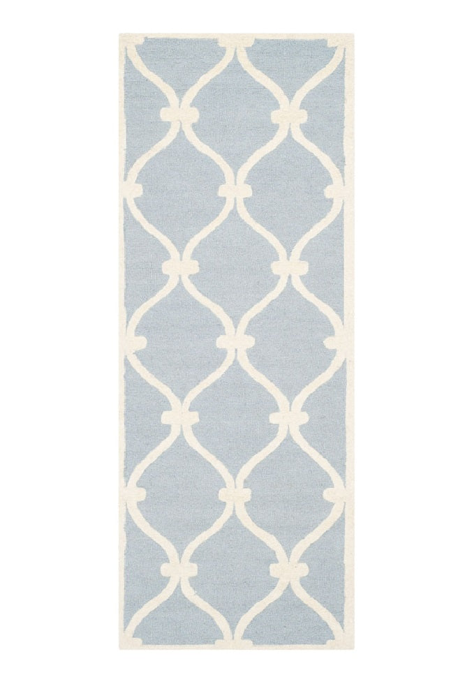 BLUE AND WHITE GEOMETRIC HAND TUFTED RUNNER CARPET