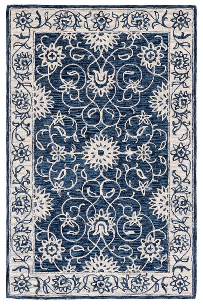 NAVY BLUE AND GREY TRADITIONAL HAND TUFTED RUG