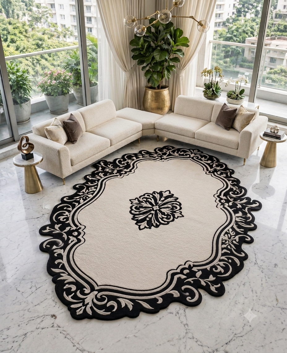 Black and White Venetian Bespoke  Hand Tufted Rug