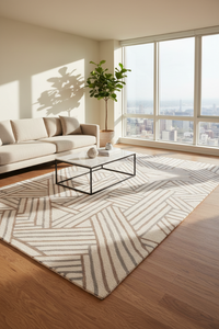 A modern living room featuring a large rectangular area rug with a beige and white geometric chevron pattern on a hardwood floor. The room is styled with a light beige sofa, a black metal coffee table, and a potted green plant near large floor-to-ceiling windows with a city view.