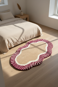 An organic-shaped area rug with a deep red and white striped border and a beige center, styled on a light wood floor next to a bed in a minimalist bedroom